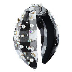 Women Headband Checkered Plaid Luxury Jeweled Embellished Top Hairband Fashion